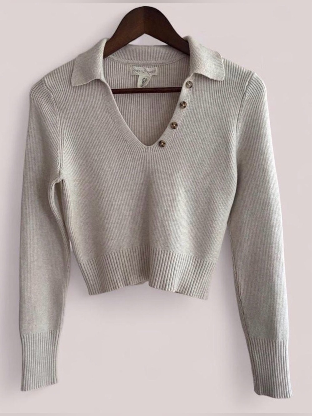Cropped V-Neck Polo Sweater with Decorative Buttons - Cream Size Small